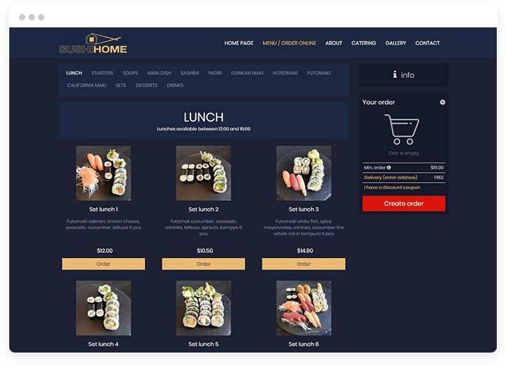 Screen of website for restaurant with food deliver option.