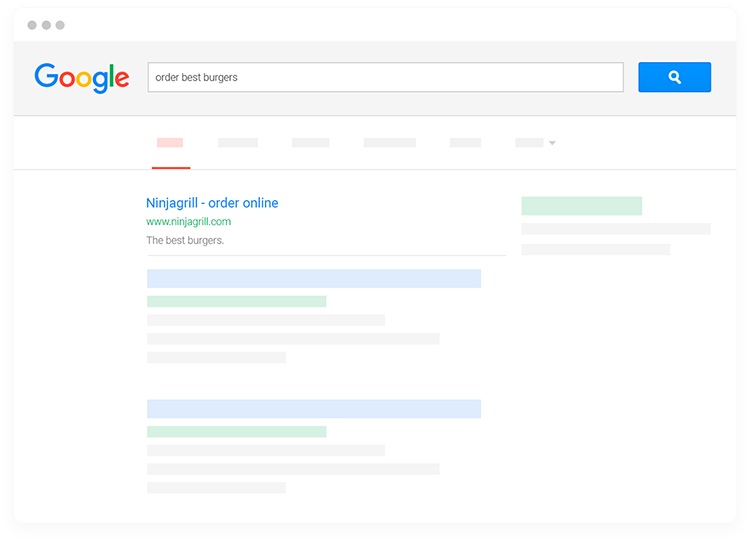Screen of google search results with food delivery website.