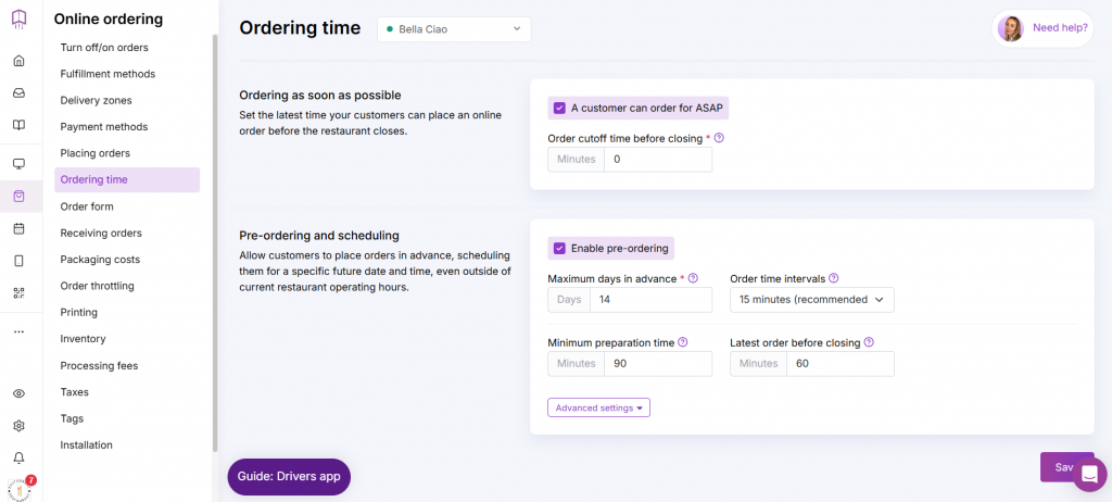 pre-order system setting up pre-ordering in a restaurant online ordering system