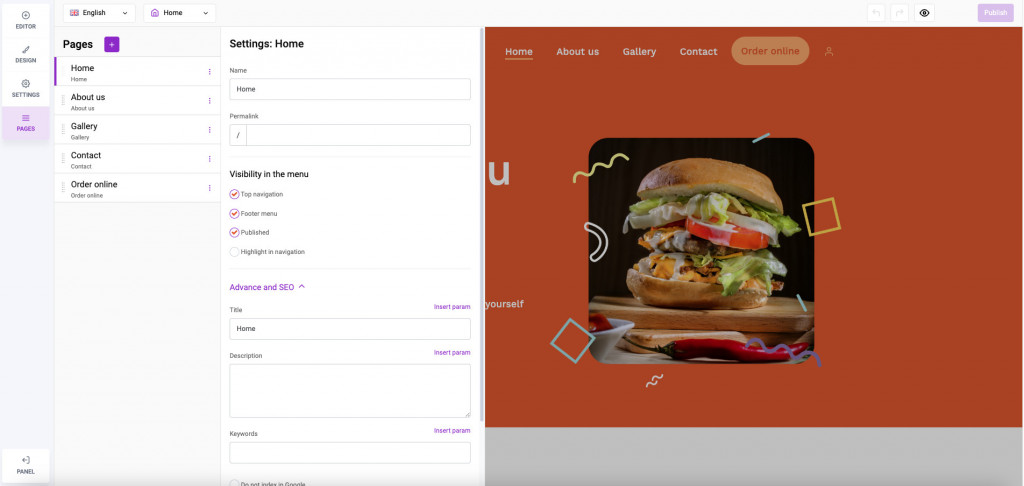 UpMenu Webiste Builder Pages Settings
