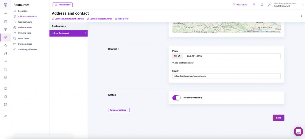 Provide contact details of your restaurant