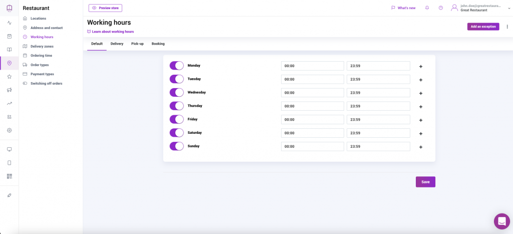 Provide working hours of your restaurant