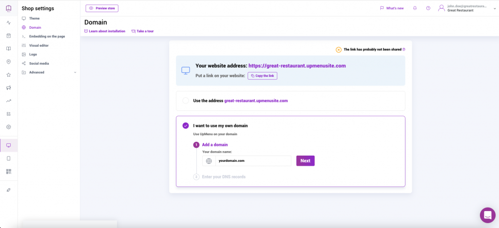 Connect your domain to set live your UpMenu website