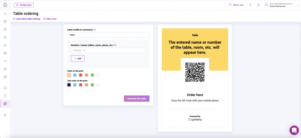 Set up table ordering to allow clients to order from table