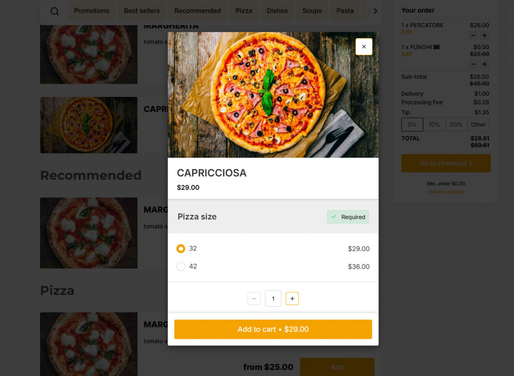 ALT: how to make a menu using modifiers for customization like choosing size of the pizza