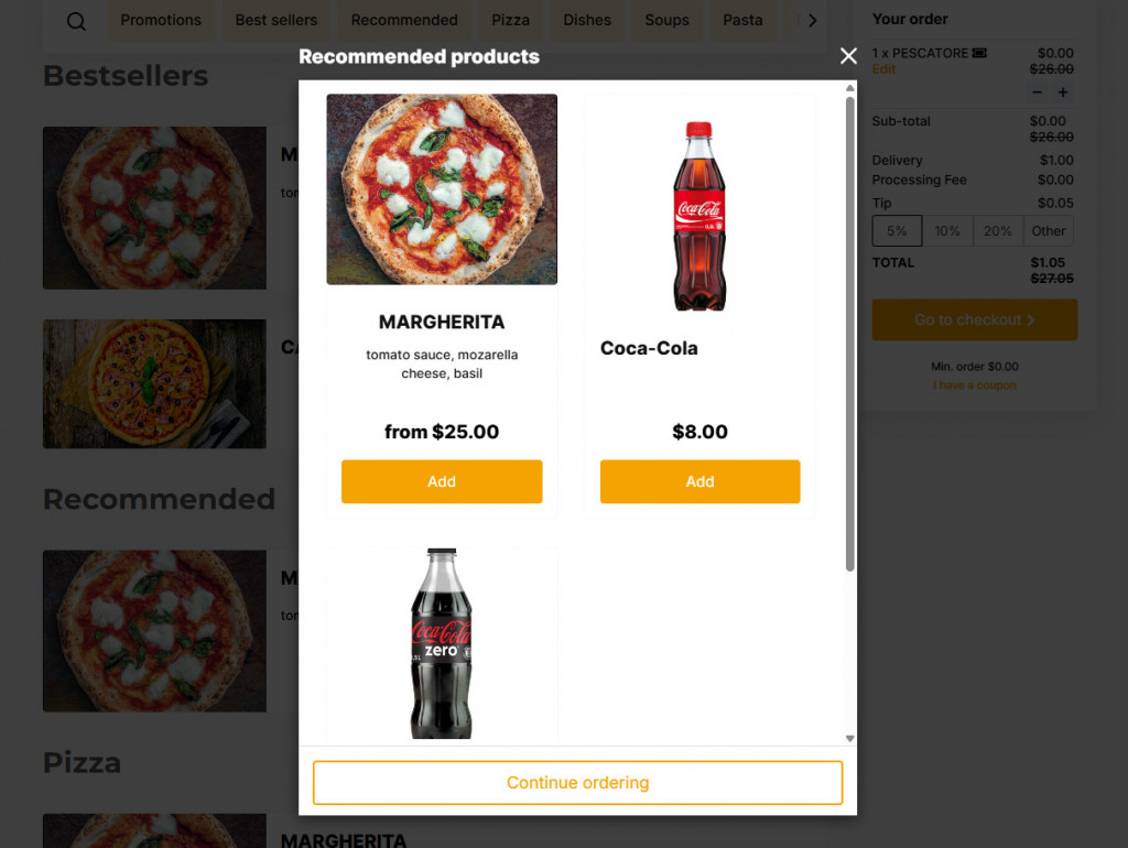 ALT: how to make a menu showing recommended products in a restaurant online menu before checkout