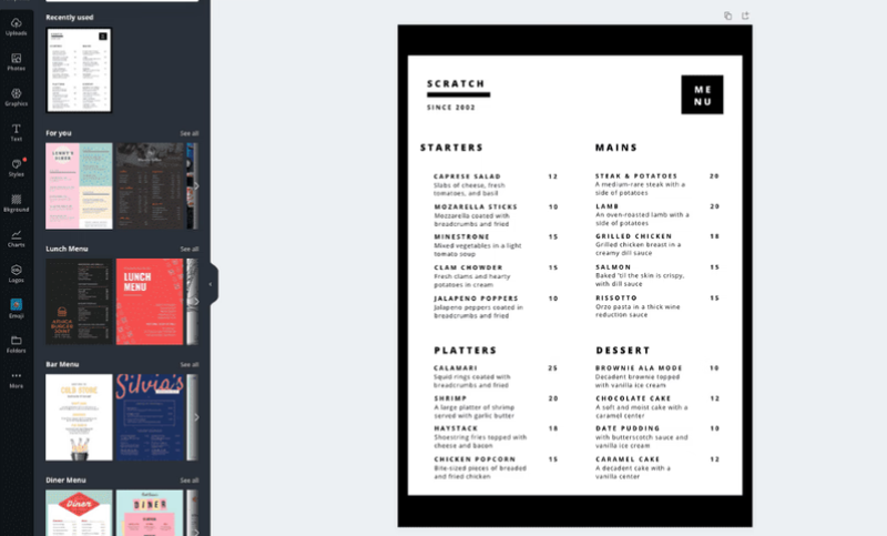 An example menu from the best menu design software