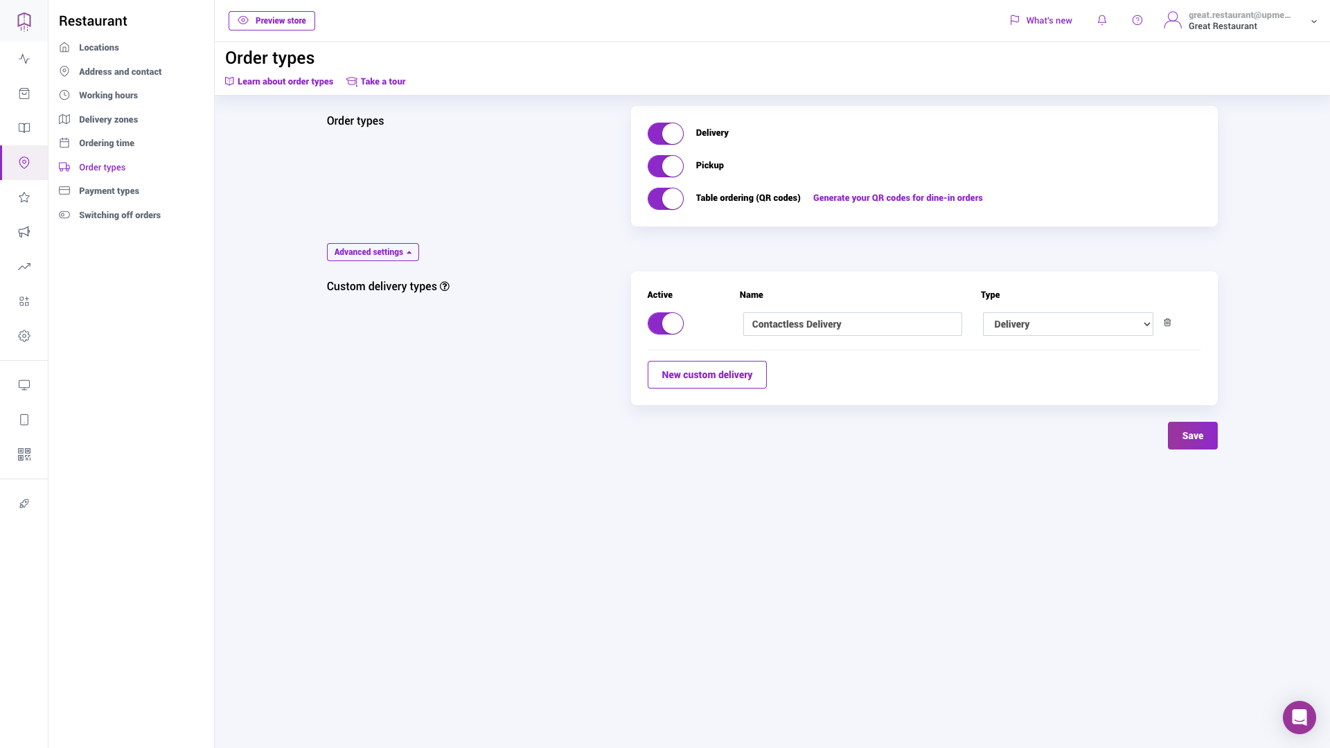 Configuration of contactless delivery in UpMenu