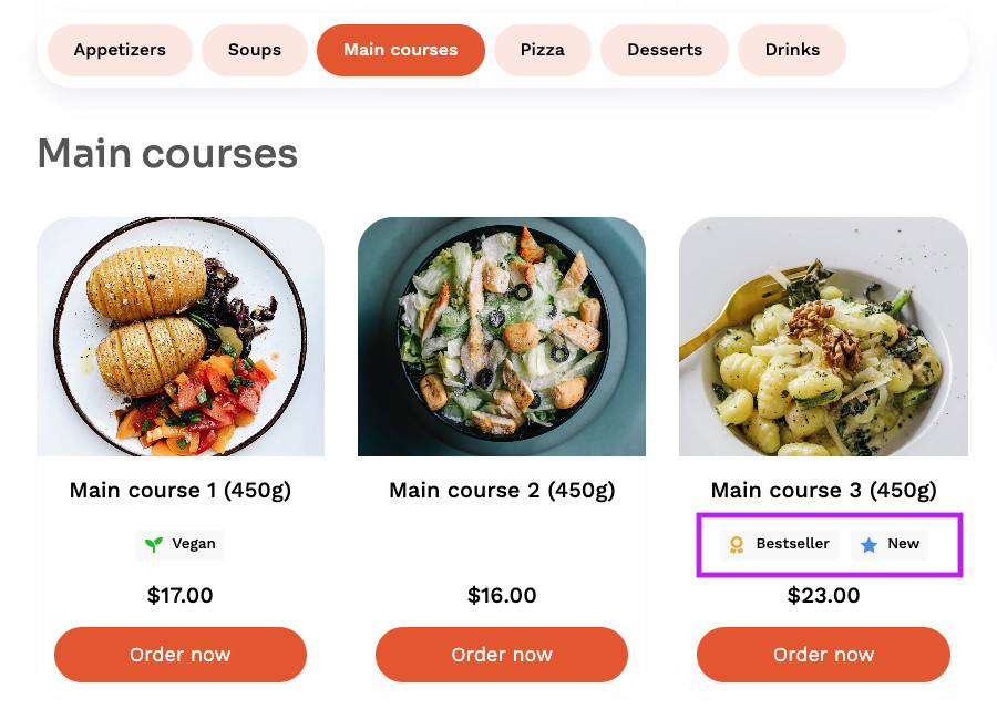 Restaurant profit margin - Dishes labels in UpMenu menu