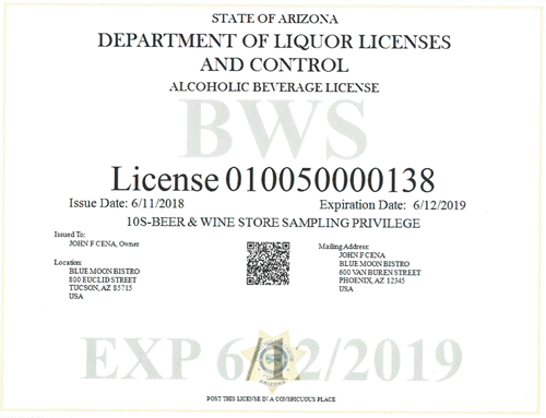 An example of a restaurant license required when starting a restaurant