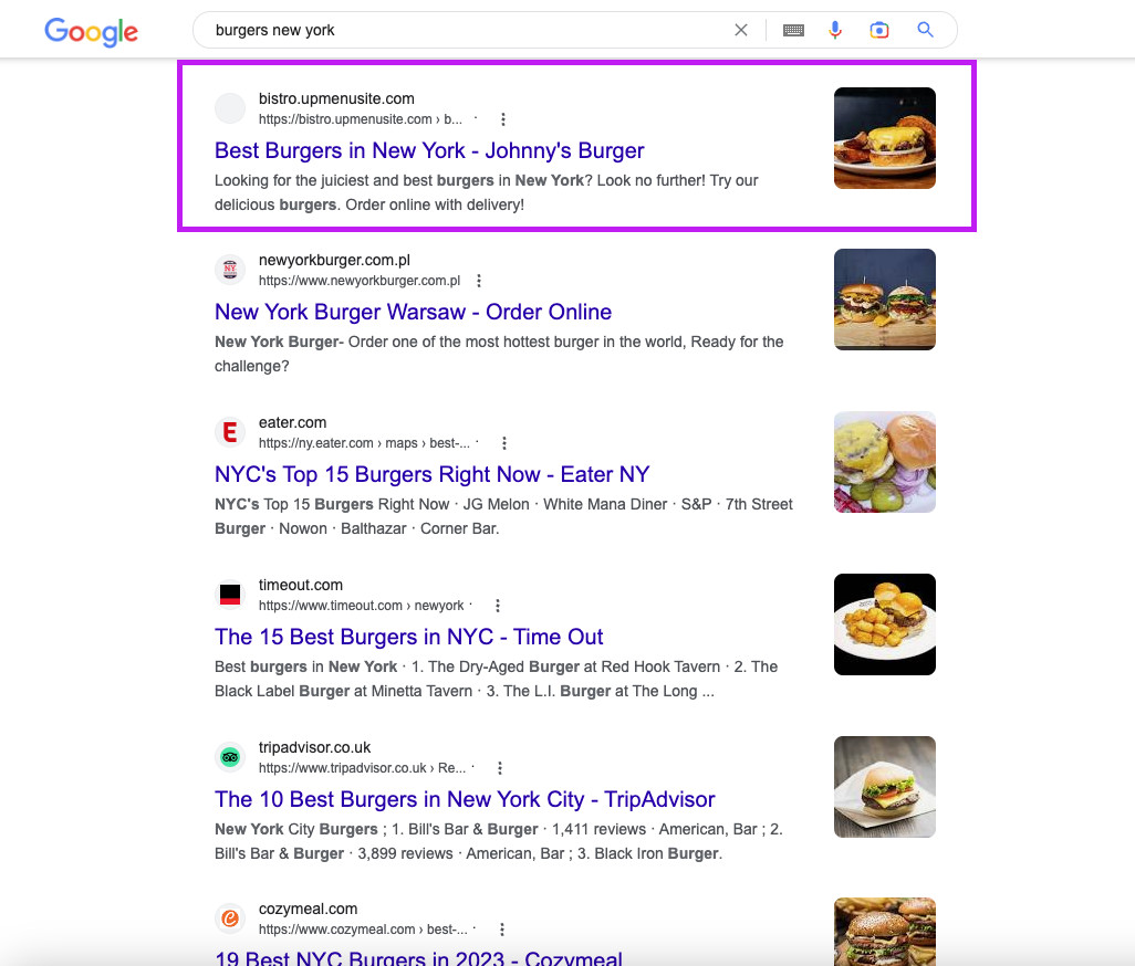Restaurant SEO - Meta data example in Google search results