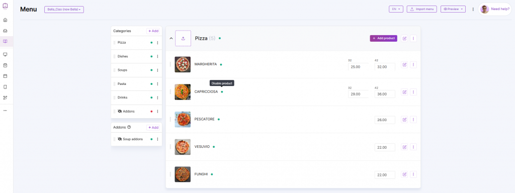 menu categories hiding menu items from menu