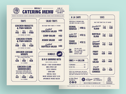 An example of a menu for catering businesses