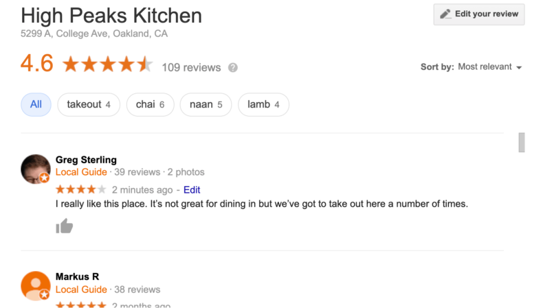 A good food review comments sample on Google