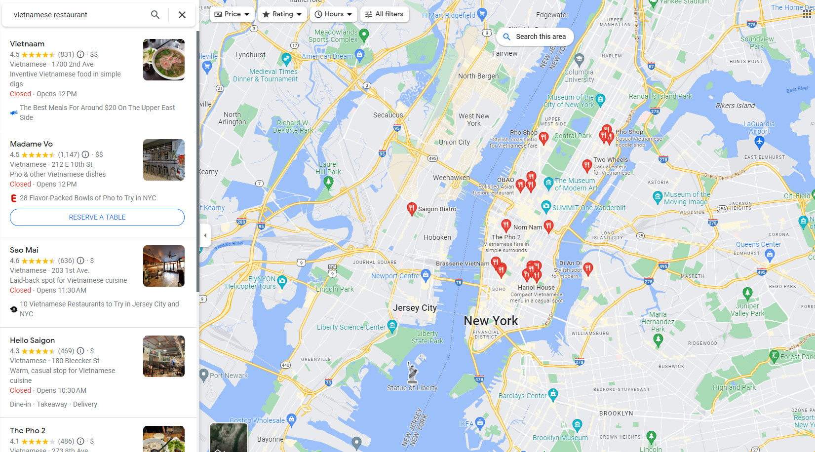 Each Google restaurant review is visible on the Google Maps section
