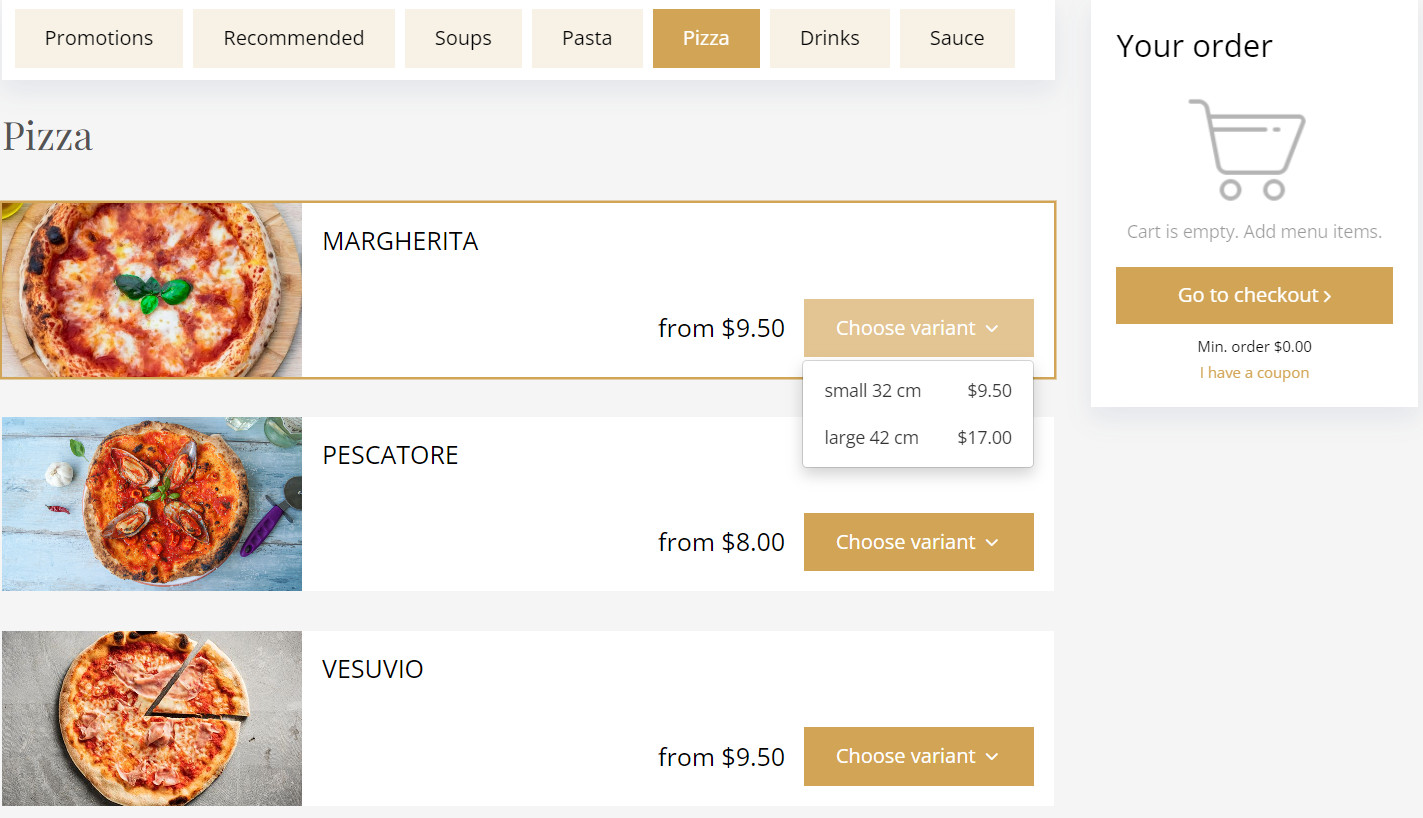 An example of menu categories and dishes with size options
