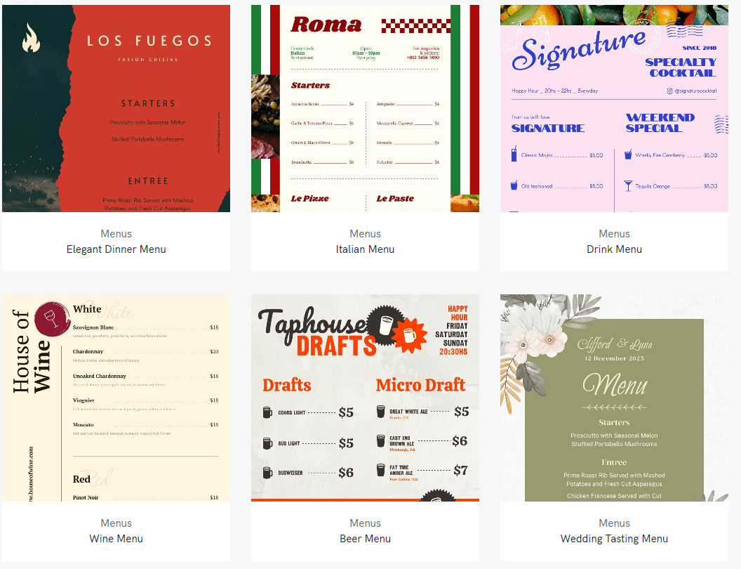 A few examples of restaurant menu design software templates