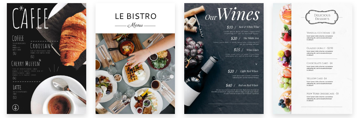Template examples of restaurant menus from design software 