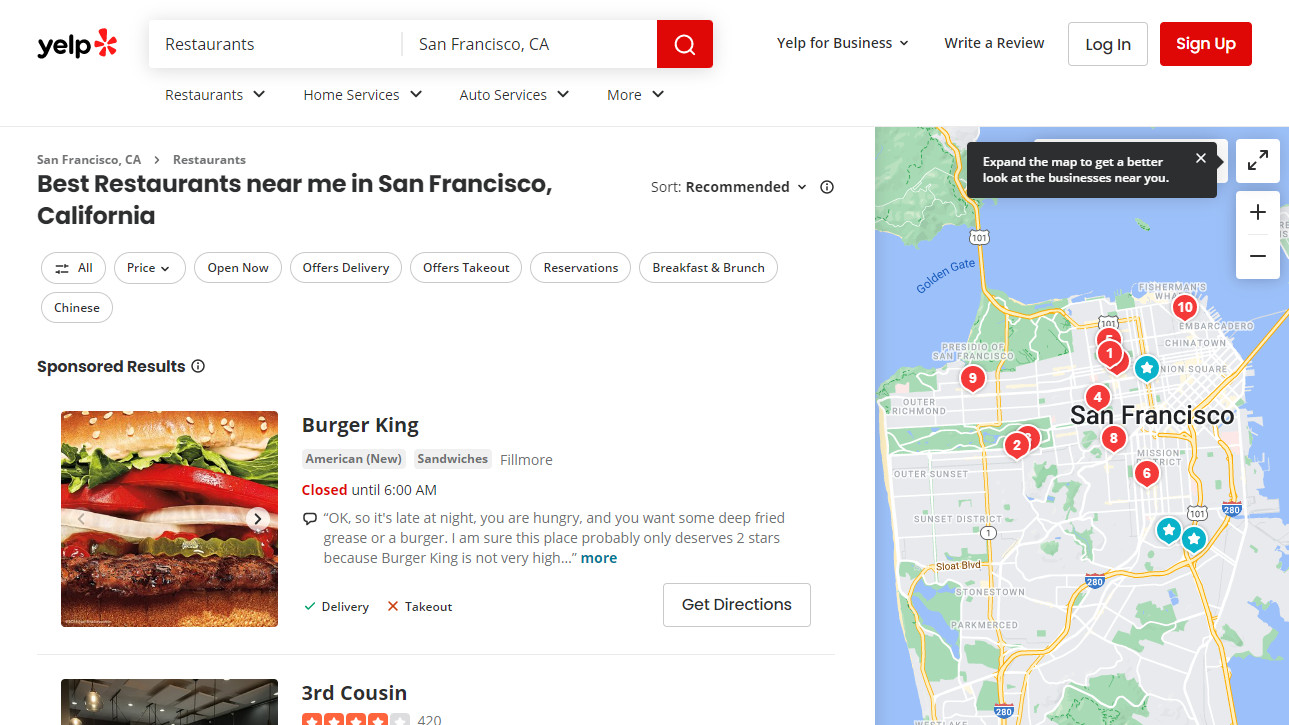 Yelp’s advanced restaurant search section makes it one of the best restaurant review apps