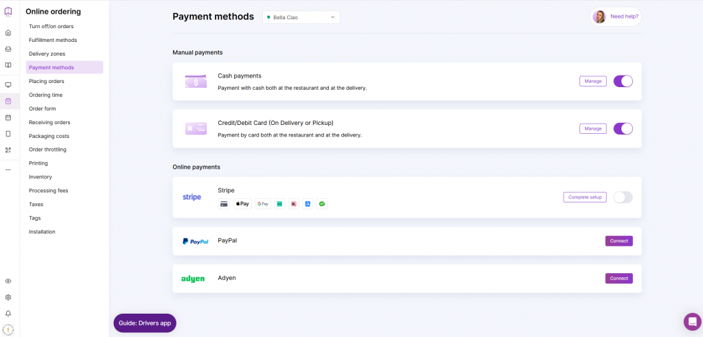 how to sell food online setting up payment methods 